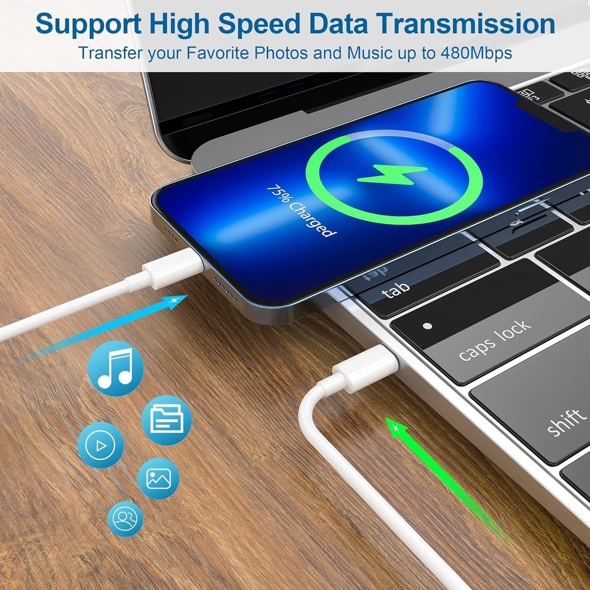 USB-C to Lightning cable connected to an iPhone for fast charging
