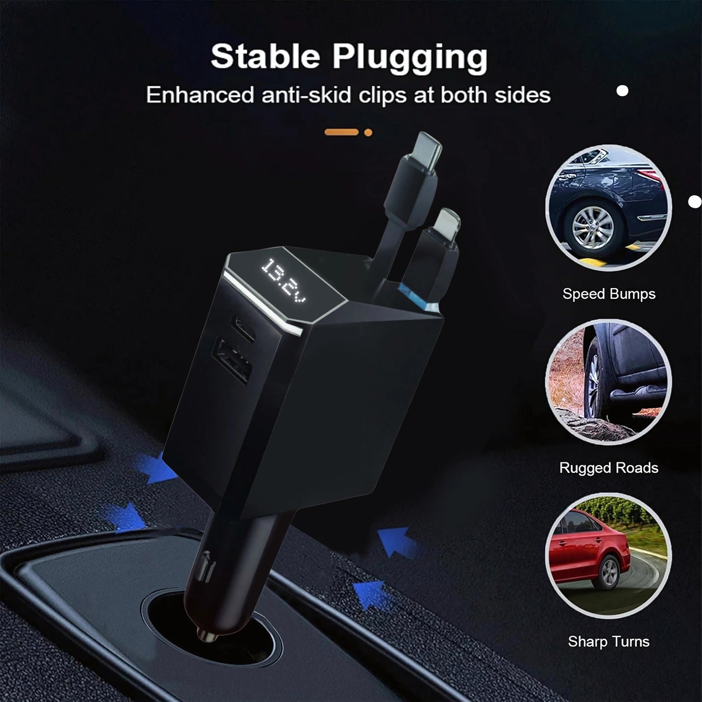 Super Fast Car Charger Universal 12V-24V | Multiport Fast Charging, Digital Display, Retractable Cable, Battery Voltage Detection & Abnormal Reminder | Supports Mainstream Fast Charging Protocols