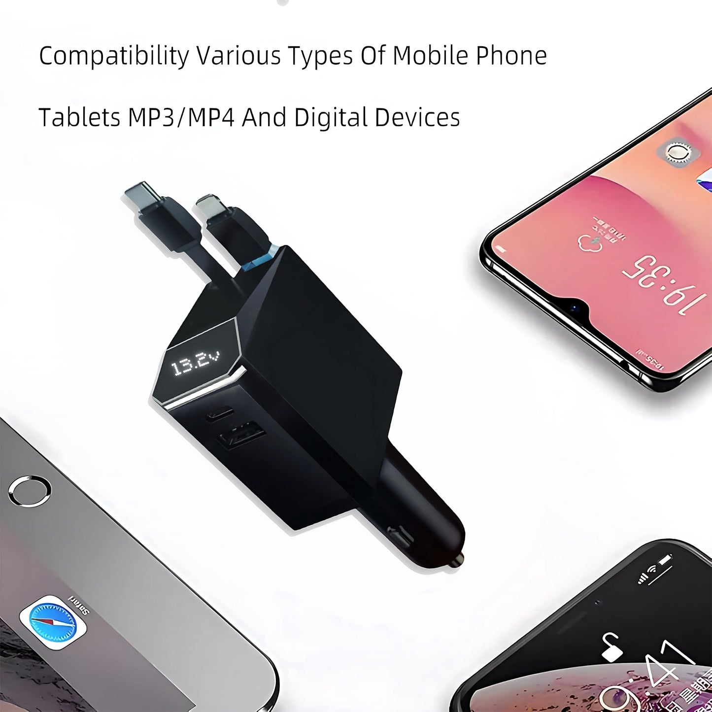 Super Fast Car Charger Universal 12V-24V | Multiport Fast Charging, Digital Display, Retractable Cable, Battery Voltage Detection & Abnormal Reminder | Supports Mainstream Fast Charging Protocols