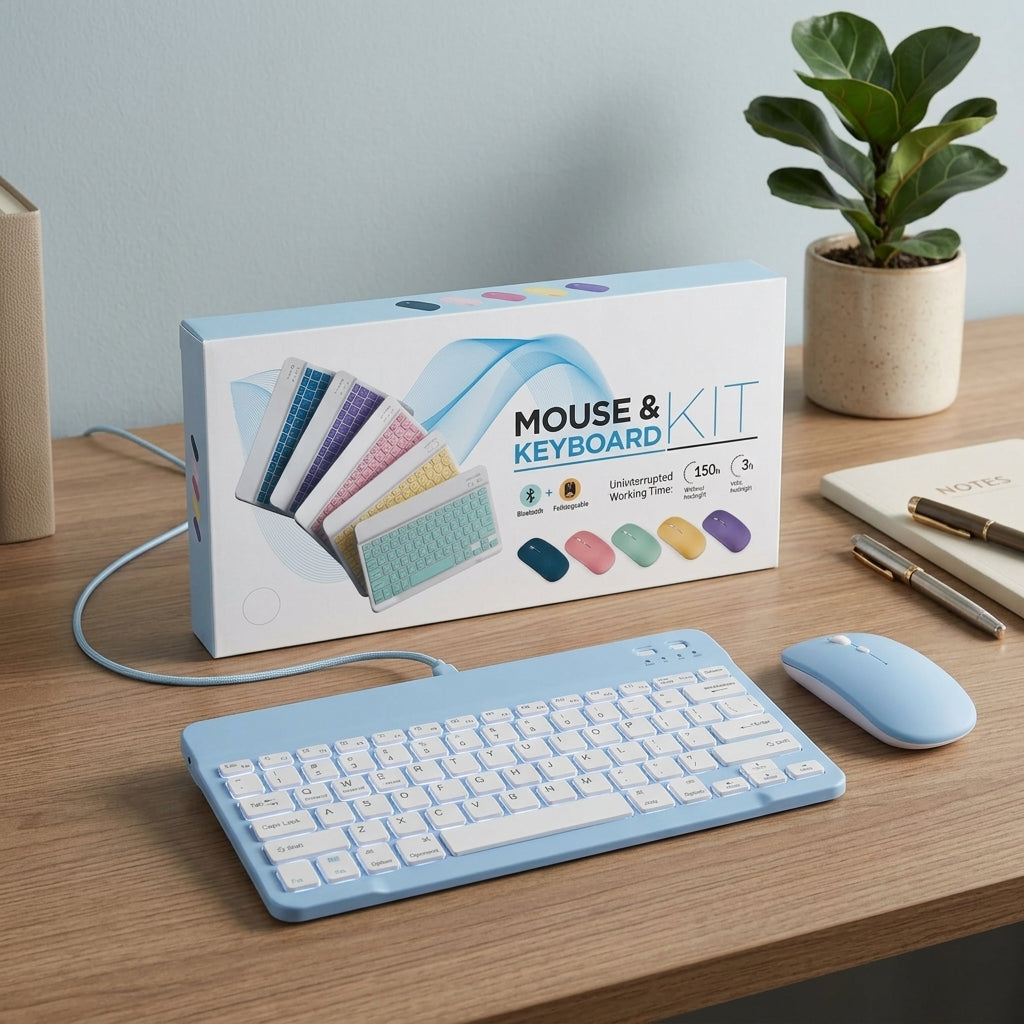 Wireless Bluetooth Keyboard and Mouse Kit in light blue, showcasing backlit keys and a slim design, placed on a modern desk with a laptop and creative tools.