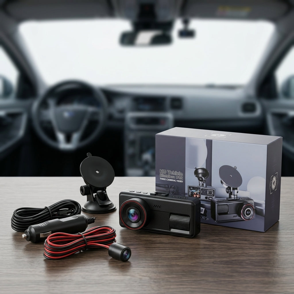 HD Three Camera Dashcam DVR for Car with Front, Interior, and Rear Recording
