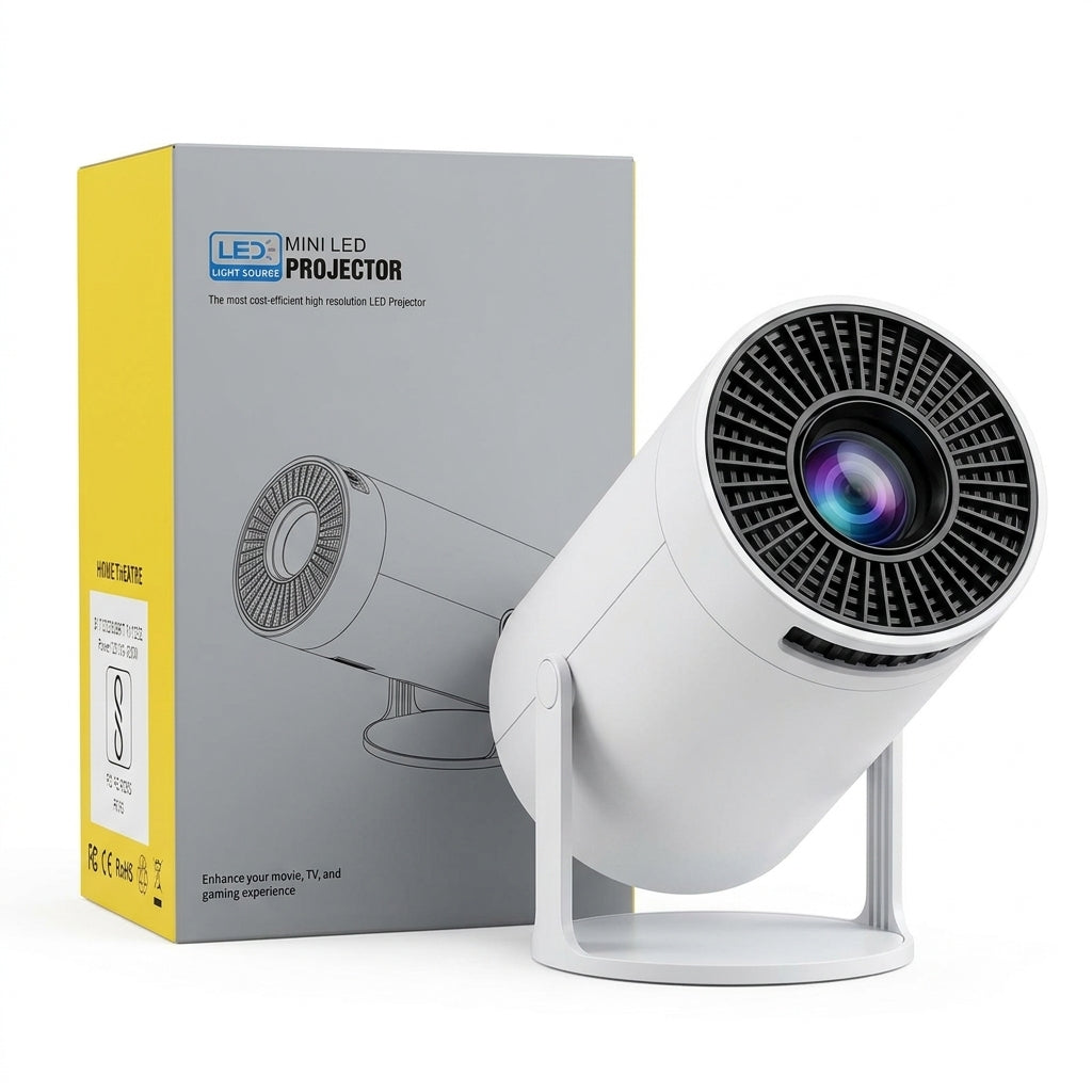 Neo-L100 Pro Mini LED Projector in white, compact cylindrical design with integrated stand, projecting a vibrant image on a wall.