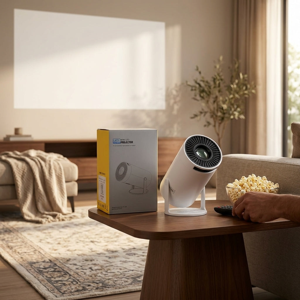 Neo-L100 Pro Mini LED Projector in white, compact cylindrical design with integrated stand, projecting a vibrant image on a wall.