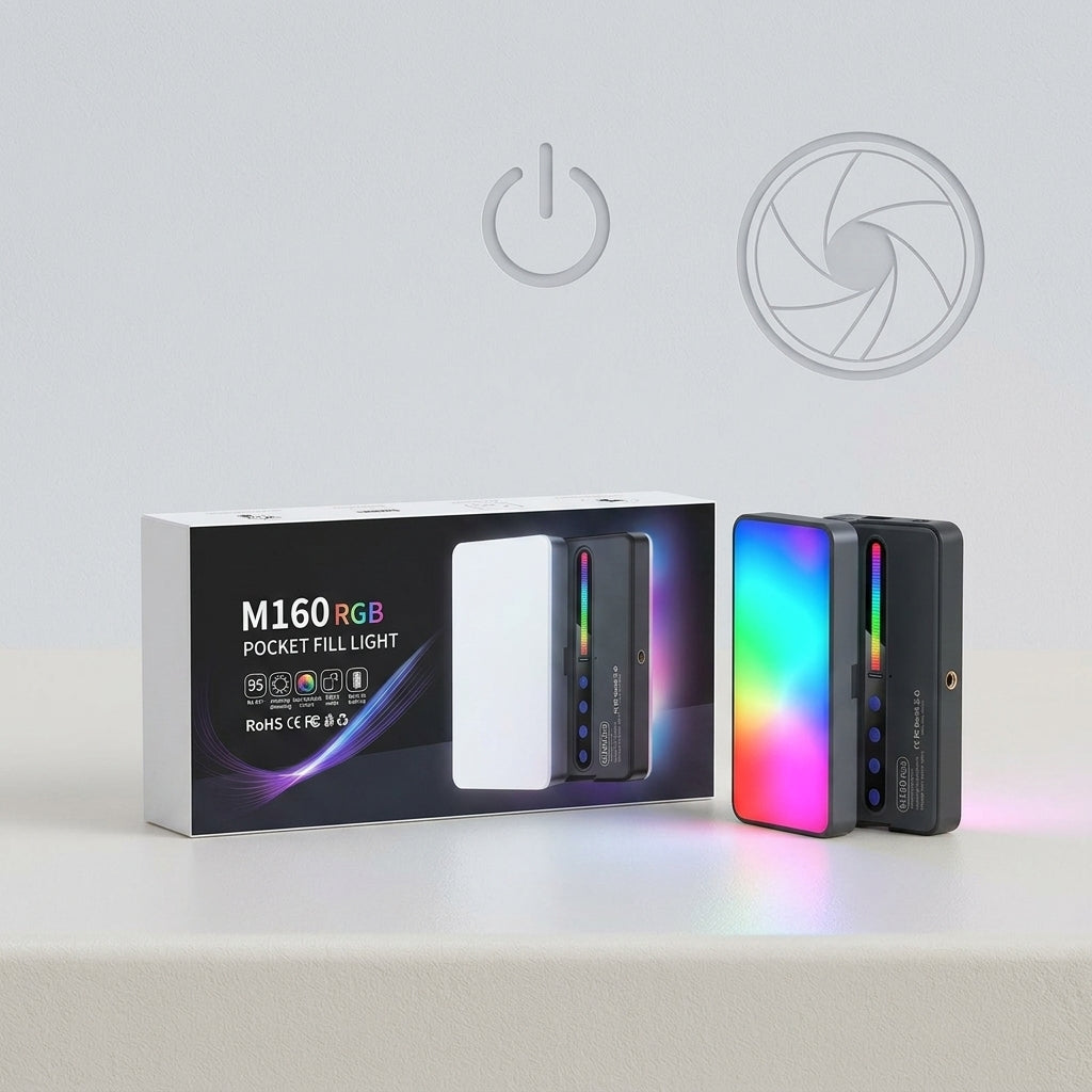 M160 RGB Pocket Fill Light, a compact LED video light with colorful RGB output and high Ra 95+ CRI, shown in use for a product photoshoot.