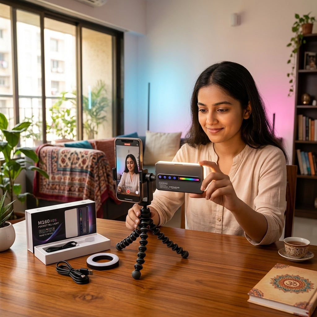 M160 RGB Pocket Fill Light, a compact LED video light with colorful RGB output and high Ra 95+ CRI, shown in use for a product photoshoot.