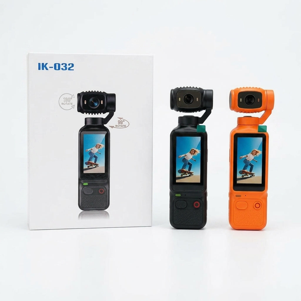 IK-032 pocket gimbal camera with 1.3-inch touchscreen and 3-axis gimbal stabilization, shown in black and orange color variants