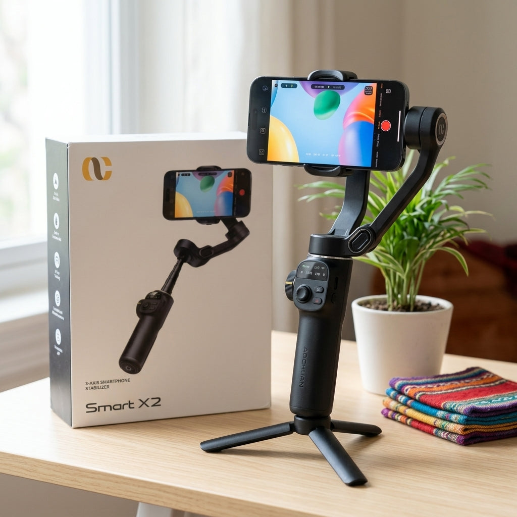 AOCHUAN Smart X2 3-axis smartphone stabilizer gimbal with built-in extension rod, AI face tracking, gesture control and LED full-screen indicator (retail box).