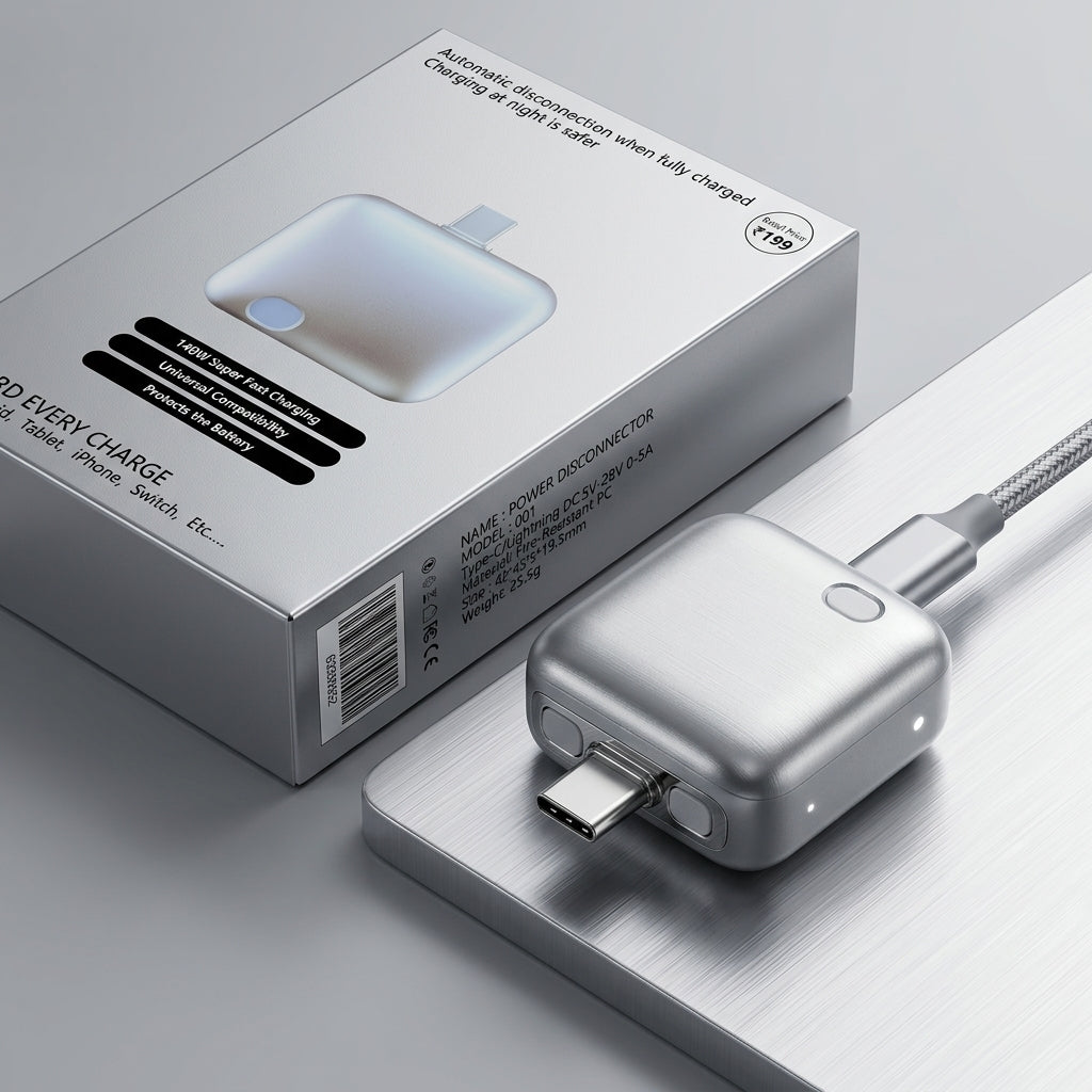 Smart Power Disconnector 140W Auto-Cut USB-C Fast Charging Adapter with indicator light, protecting a smartphone battery