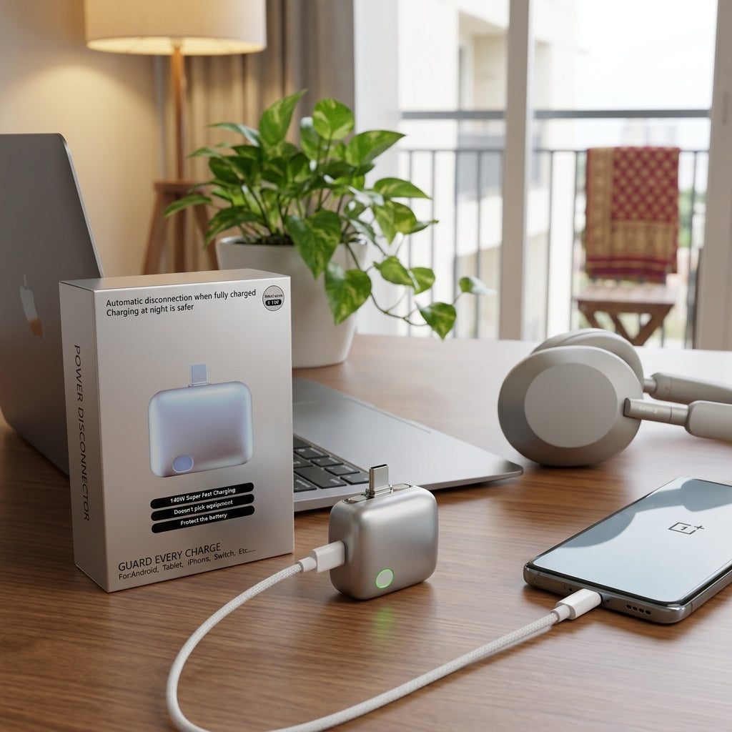 Smart Power Disconnector 140W Auto-Cut USB-C Fast Charging Adapter with indicator light, protecting a smartphone battery