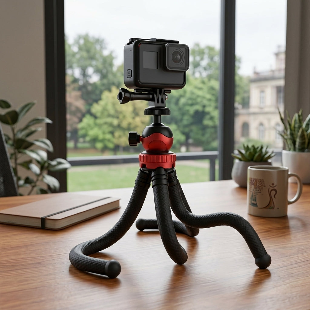 Black and red mini flexible tripod with bendable legs and ball head with side locking knob