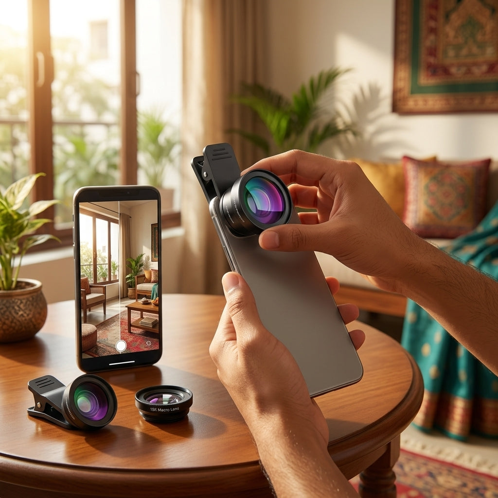 Black clip-on smartphone camera lens kit with 0.45x wide angle lens and 15x macro lens (wide attachment unscrews to access macro)