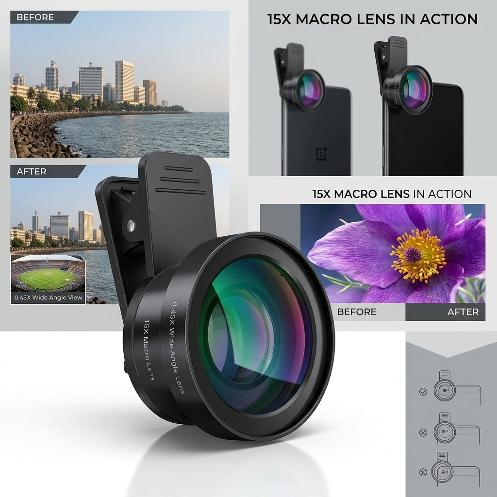 Black clip-on smartphone camera lens kit with 0.45x wide angle lens and 15x macro lens (wide attachment unscrews to access macro)