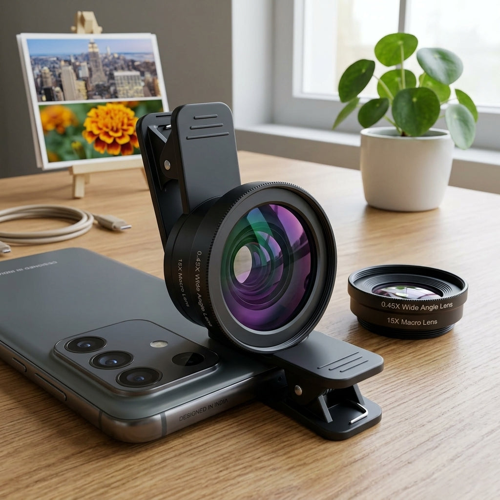 Black clip-on smartphone camera lens kit with 0.45x wide angle lens and 15x macro lens (wide attachment unscrews to access macro)