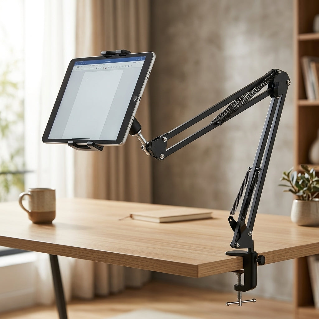 Black adjustable scissor-arm desk clamp phone and tablet holder stand with spring-assisted joints and device cradle