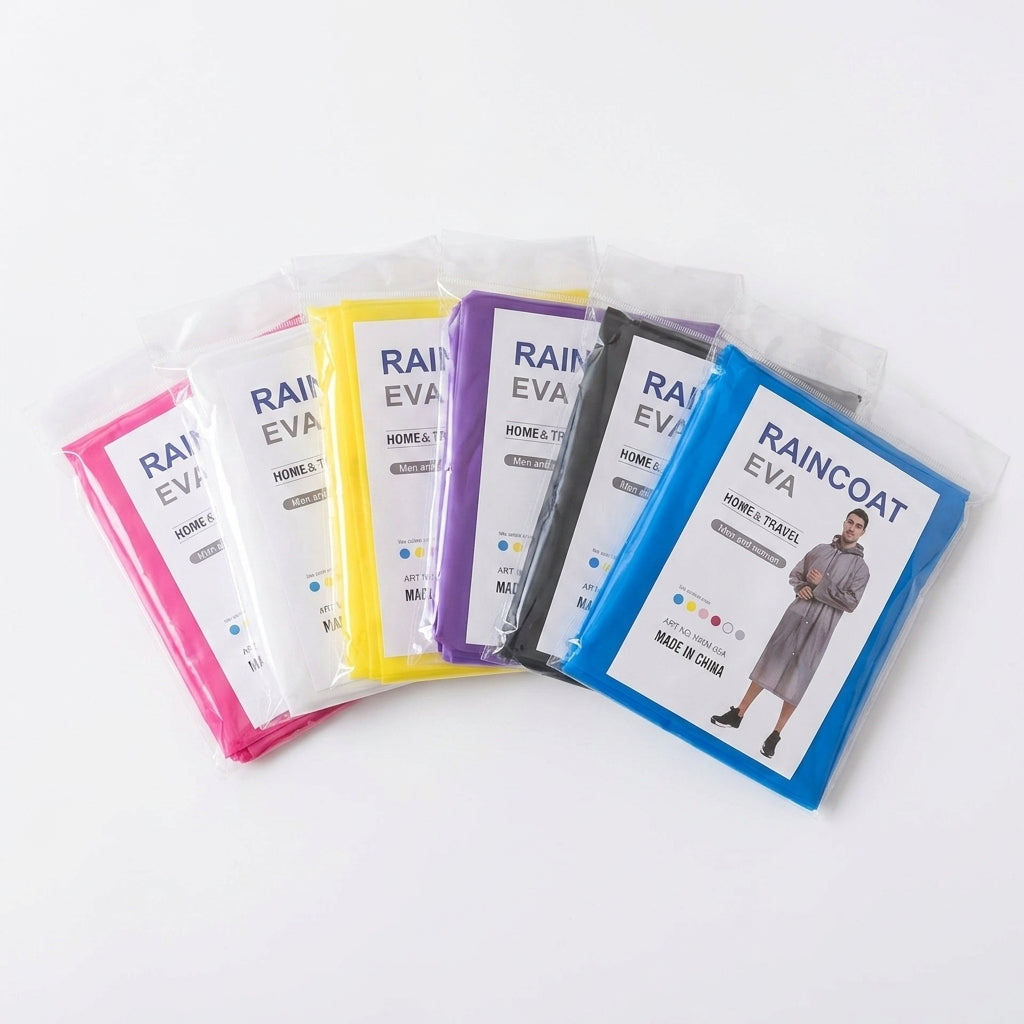 Individually packaged EVA raincoat in clear plastic sleeve with assorted colours visible