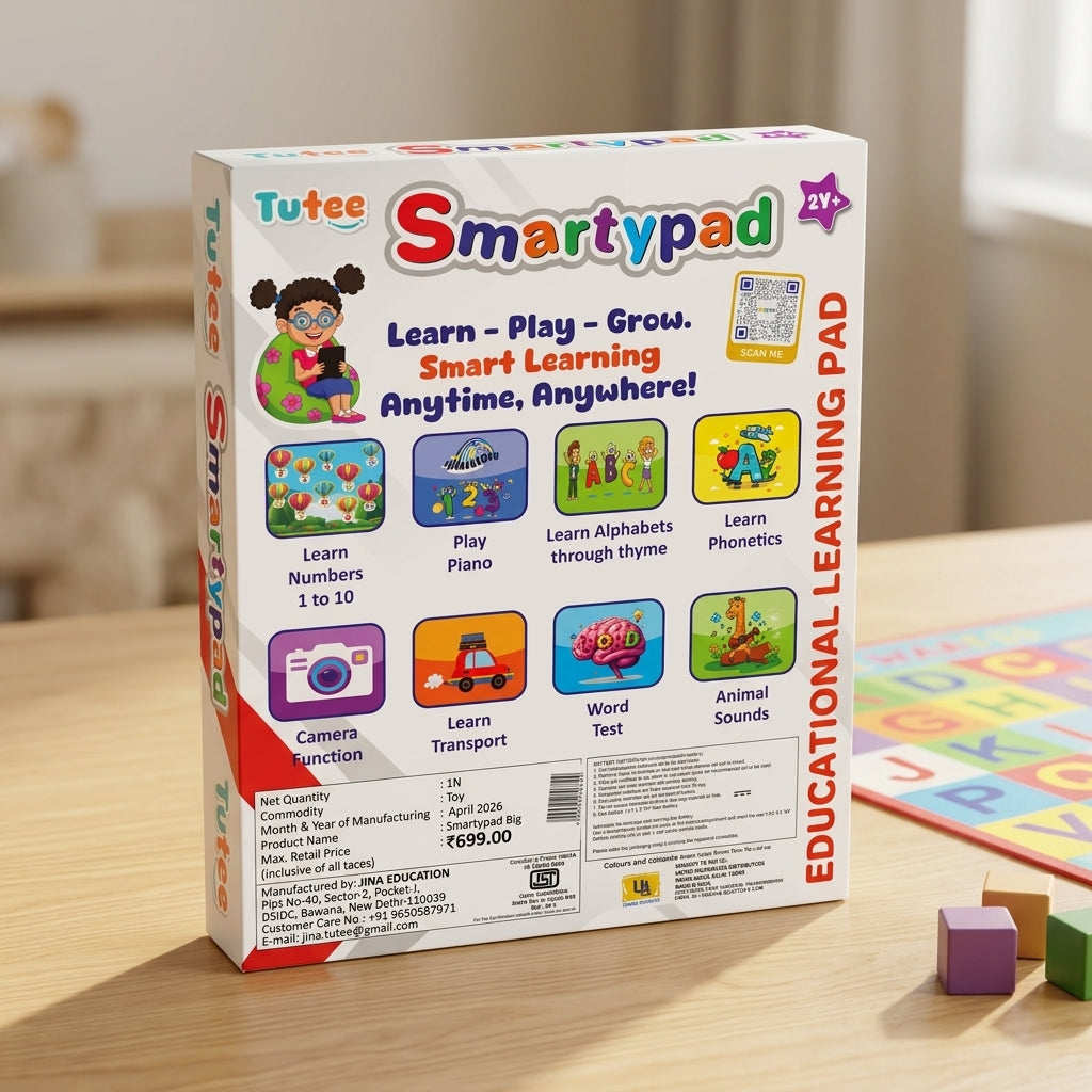 Tutee Smartypad educational learning pad toy packaging showing features like numbers 1-10, piano, alphabet rhymes, phonetics, animal sounds and transport learning (2Y+).