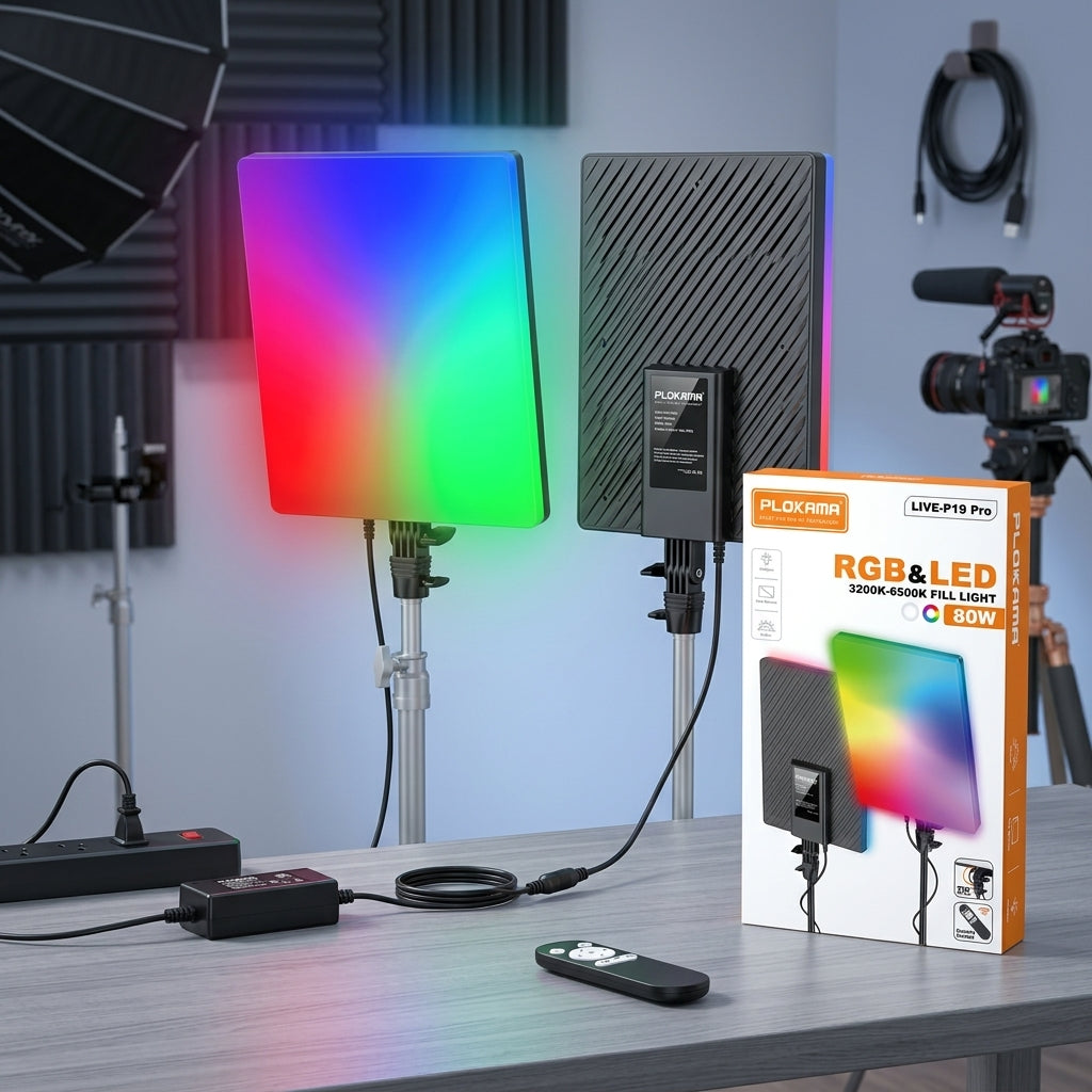 PLOKAMA LIVE-P19 Pro rectangular RGB & LED fill light panel (3200K-6500K) with mounting bracket and remote control feature shown on packaging