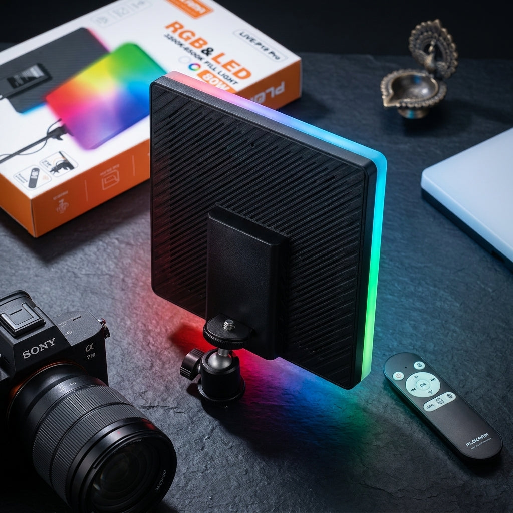 PLOKAMA LIVE-P19 Pro rectangular RGB & LED fill light panel (3200K-6500K) with mounting bracket and remote control feature shown on packaging