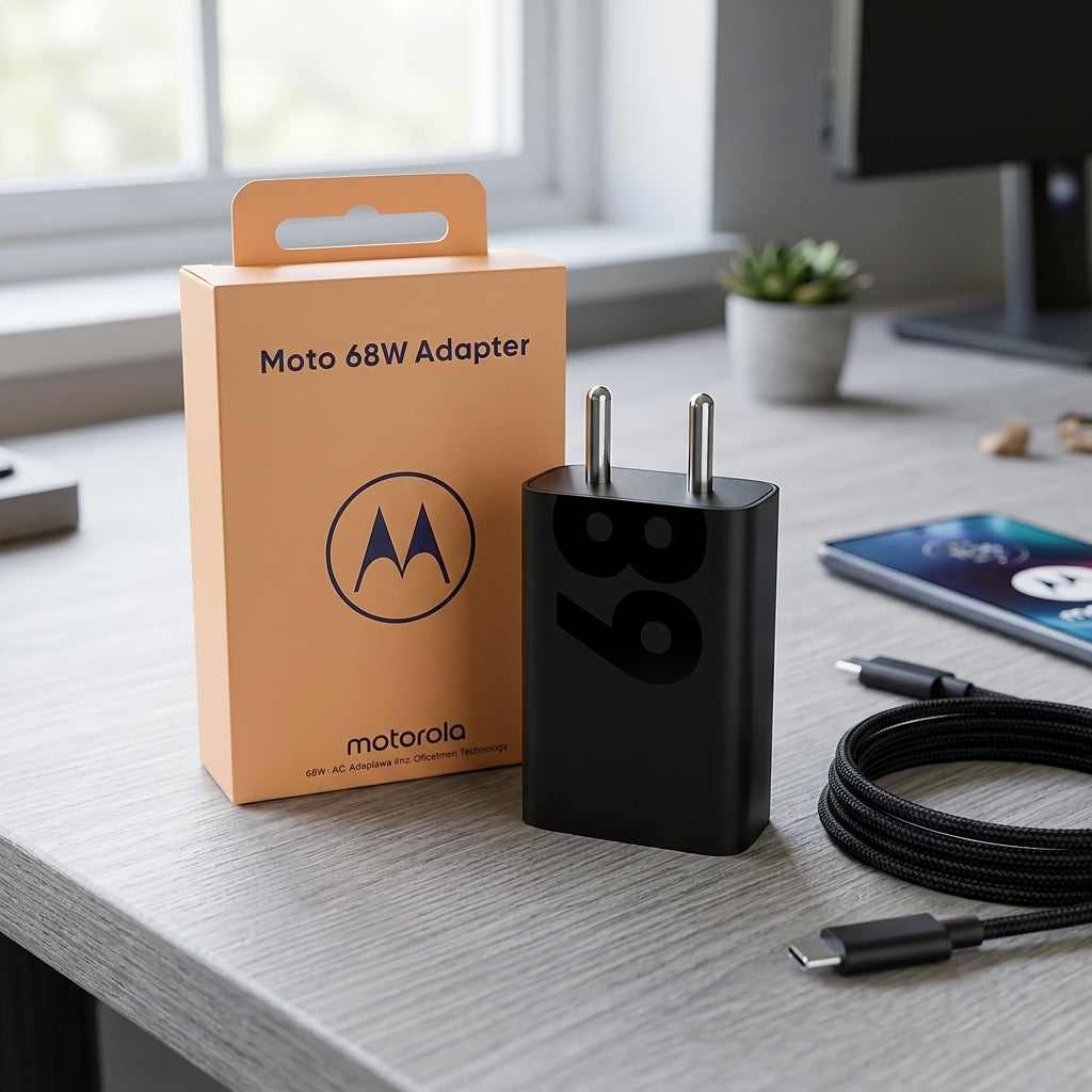 Moto 68W Fast Charging Adapter in matte black with glossy 68 graphic and Indian 2-pin plug next to its orange retail packaging.