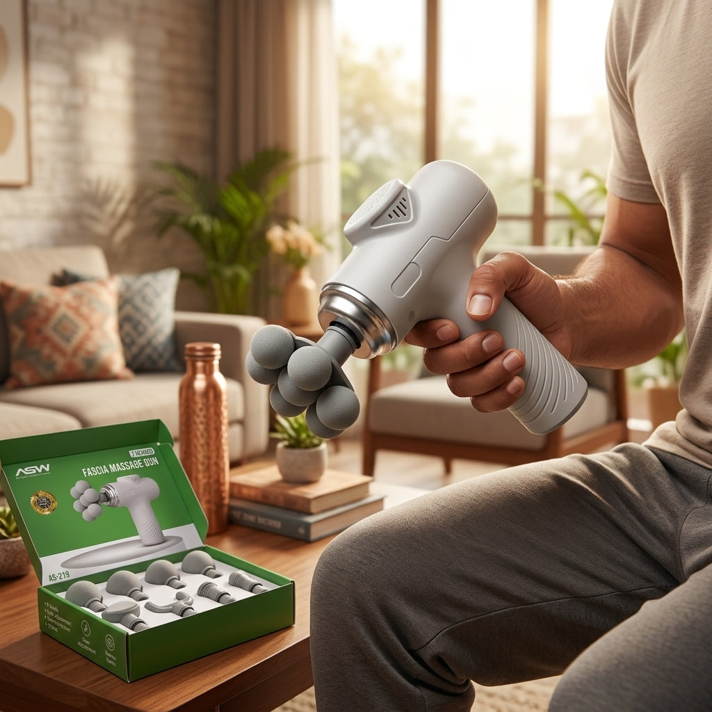 ASW AS-219 seven-headed fascia massage gun with 7-ball head attachment and 9 included attachments shown on packaging