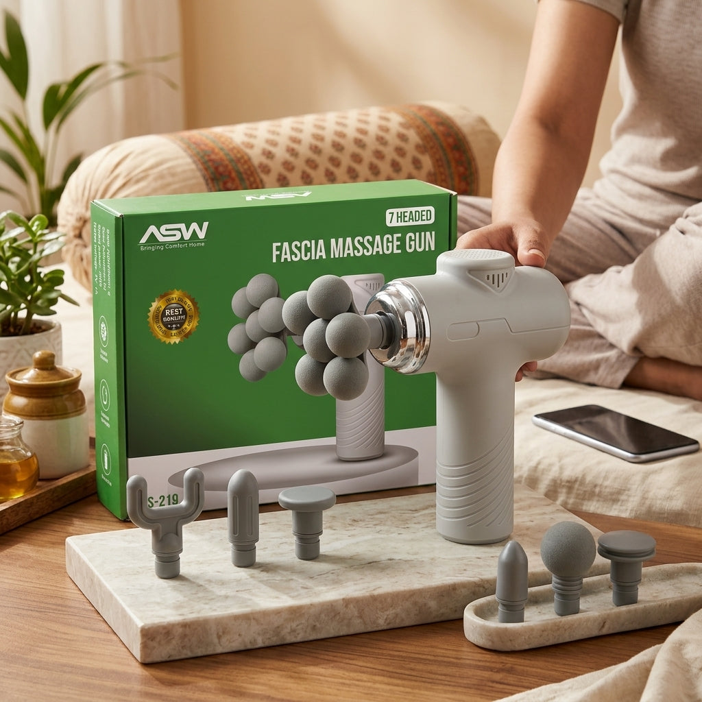 ASW AS-219 seven-headed fascia massage gun with 7-ball head attachment and 9 included attachments shown on packaging
