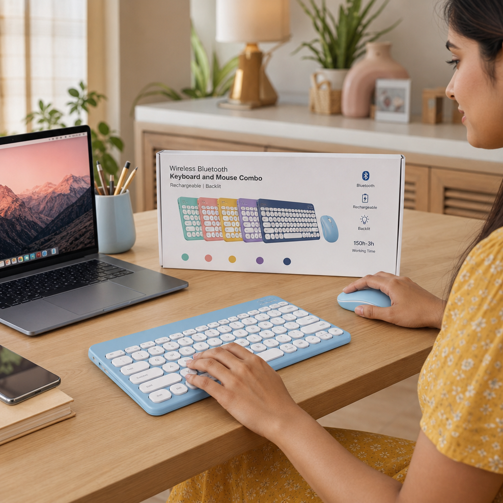 Light blue wireless Bluetooth keyboard and matching mouse combo kit with compact low-profile keys and retail box