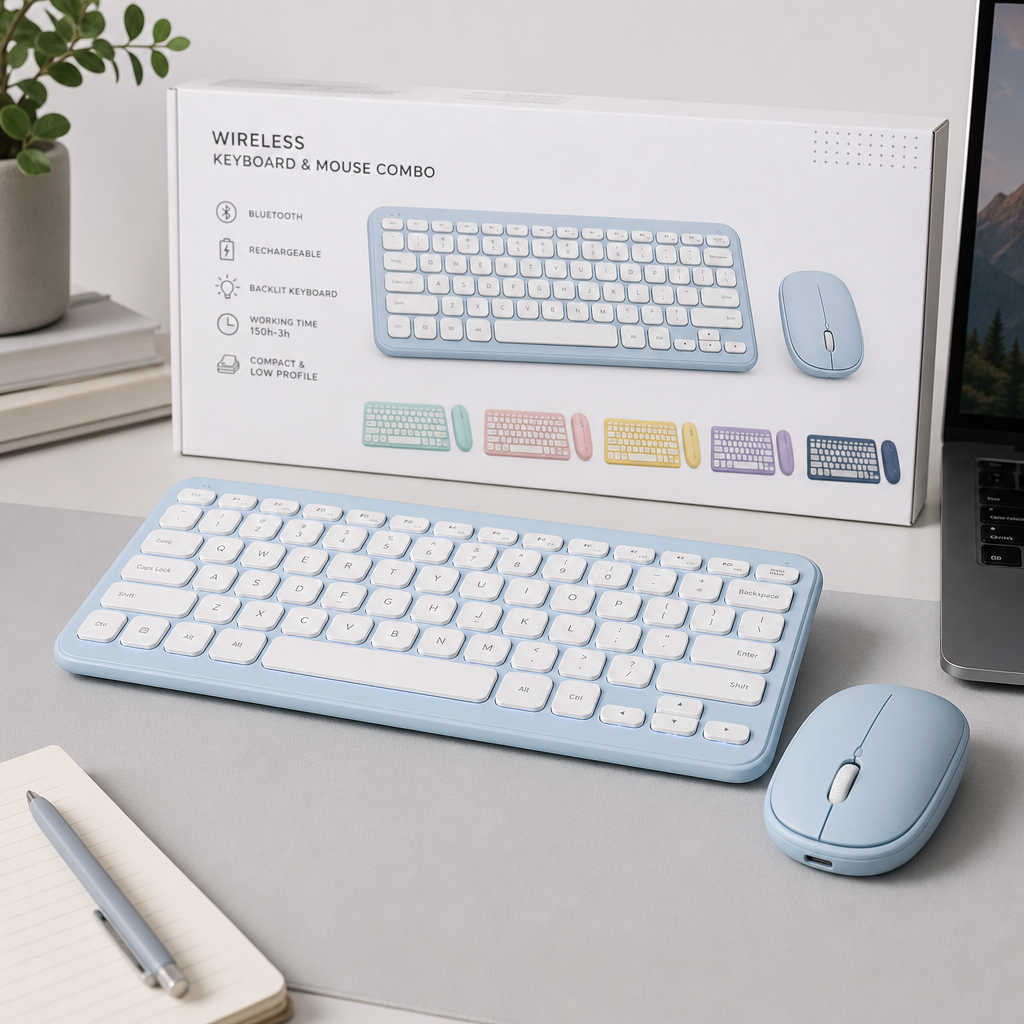 Light blue wireless Bluetooth keyboard and matching mouse combo kit with compact low-profile keys and retail box