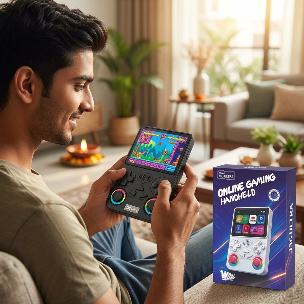 J36 Ultra online gaming handheld console with built-in display, D-pad, ABXY buttons and dual joysticks with rainbow rings