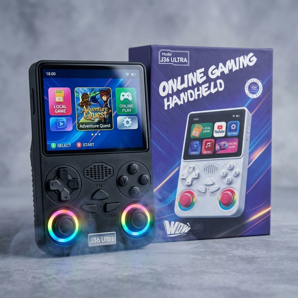J36 Ultra online gaming handheld console with built-in display, D-pad, ABXY buttons and dual joysticks with rainbow rings