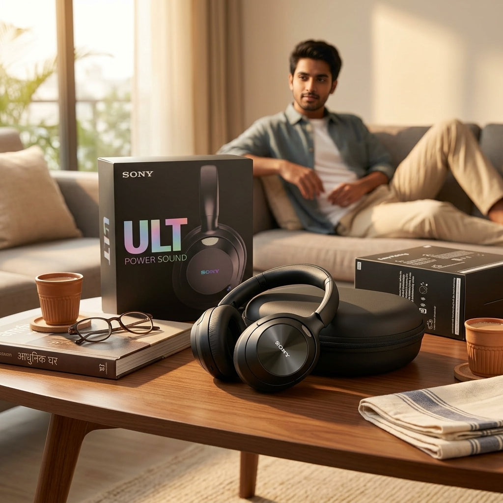 Black over-ear wireless headphones with ULT Power Sound branding, shown with zippered carrying case and retail boxes