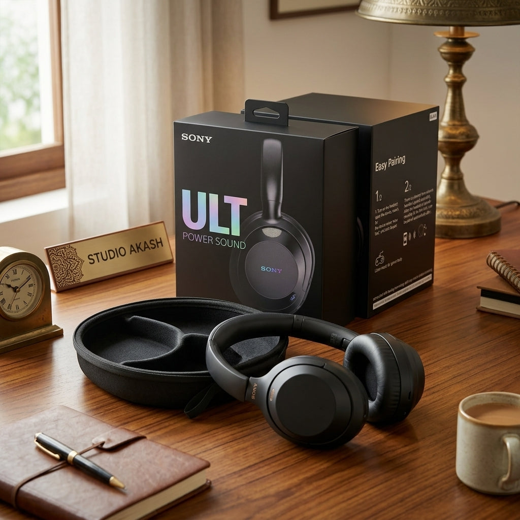 Black over-ear wireless headphones with ULT Power Sound branding, shown with zippered carrying case and retail boxes
