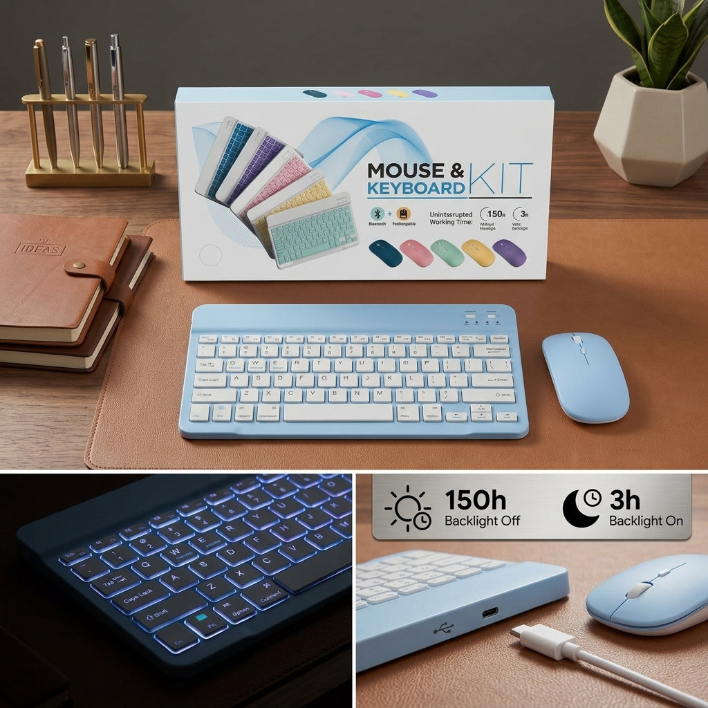 Wireless Bluetooth Keyboard and Mouse Kit in light blue, showcasing backlit keys and a slim design, placed on a modern desk with a laptop and creative tools.
