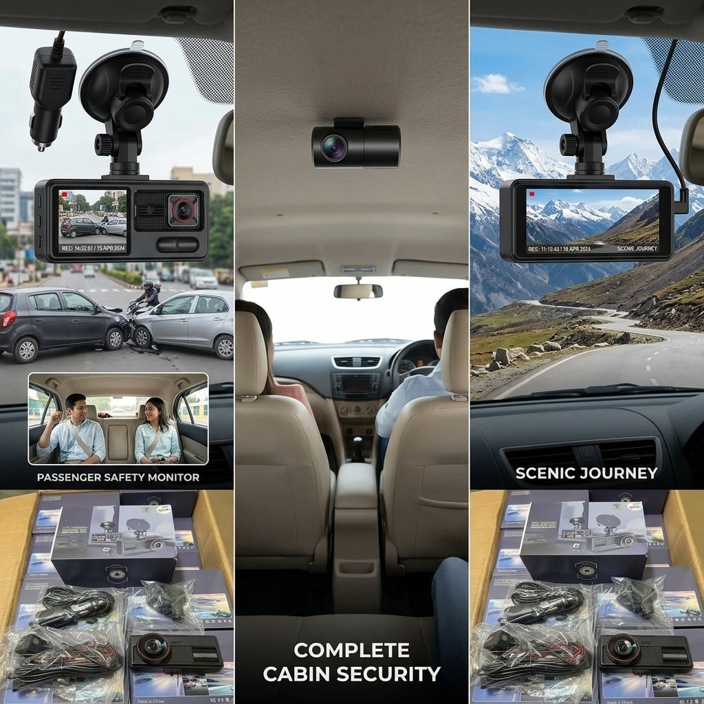 HD Three Camera Dashcam DVR for Car with Front, Interior, and Rear Recording