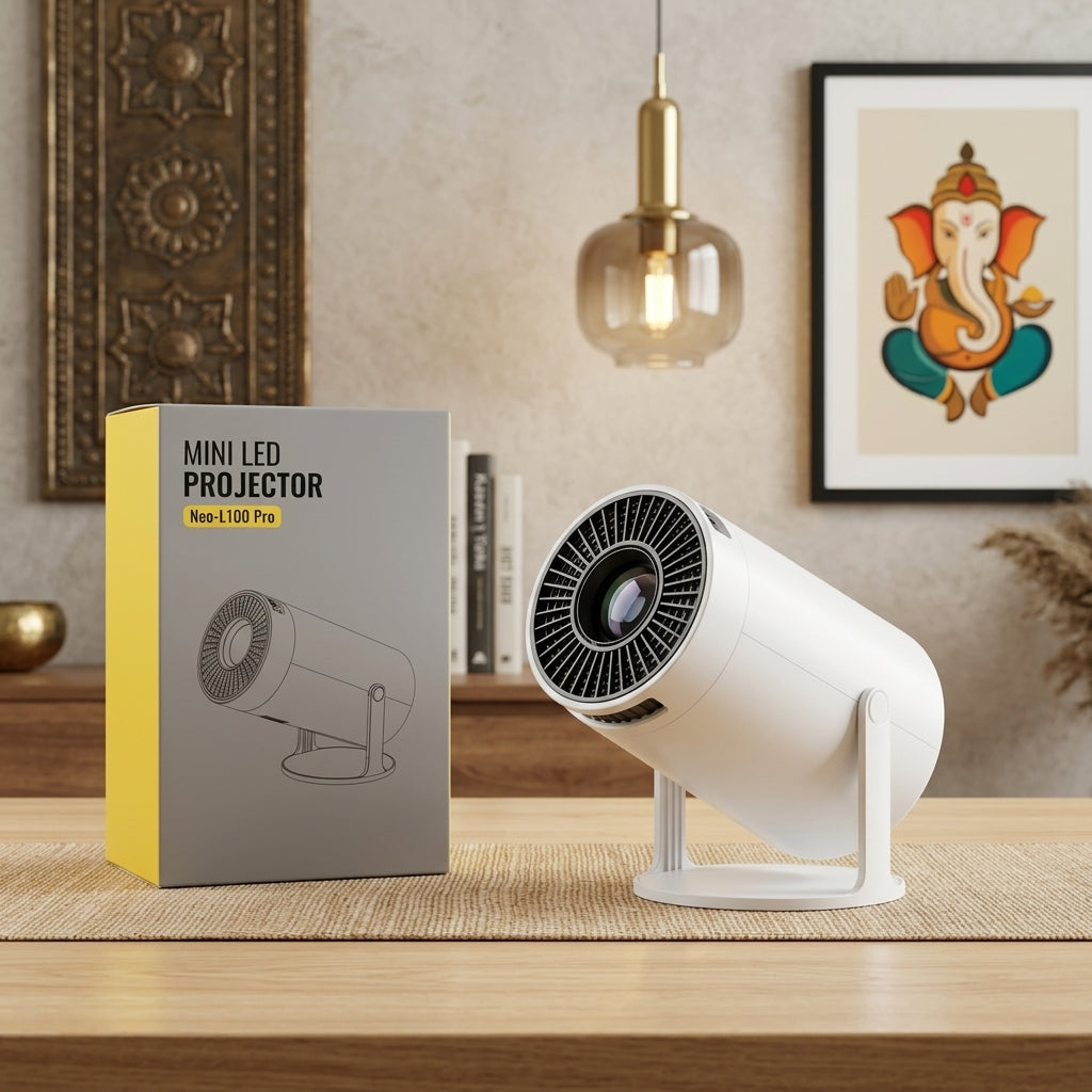 Neo-L100 Pro Mini LED Projector in white, compact cylindrical design with integrated stand, projecting a vibrant image on a wall.
