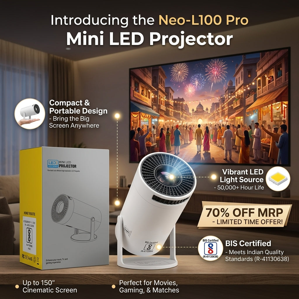Neo-L100 Pro Mini LED Projector in white, compact cylindrical design with integrated stand, projecting a vibrant image on a wall.