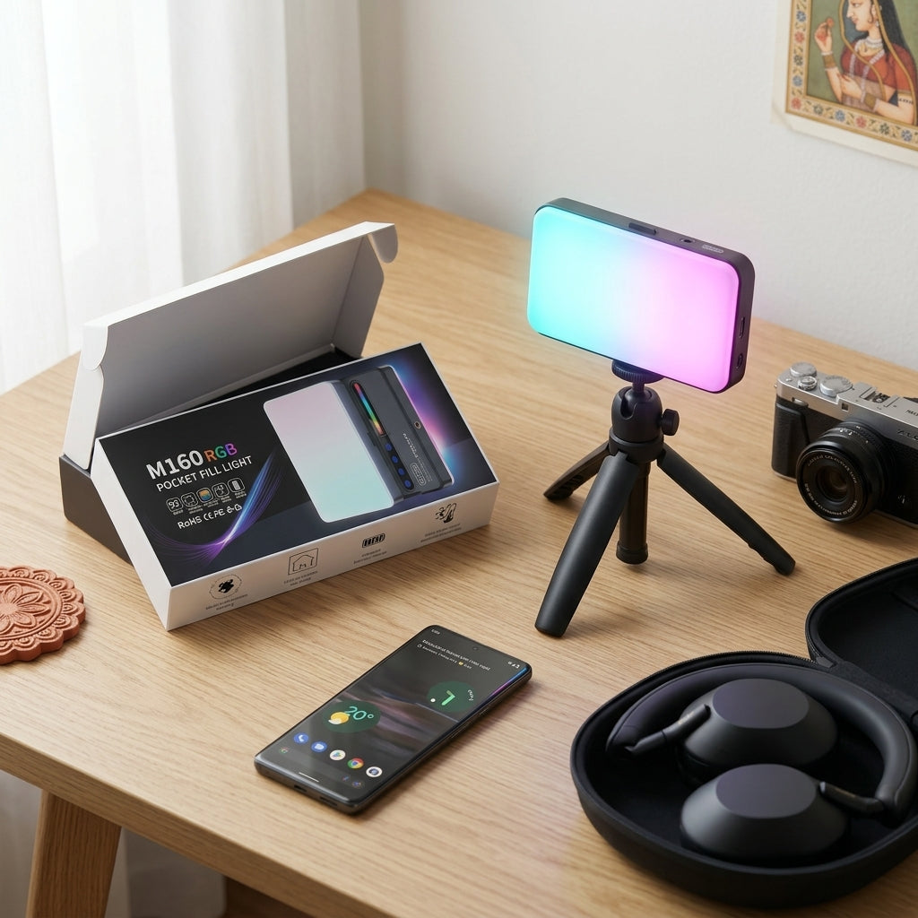 M160 RGB Pocket Fill Light, a compact LED video light with colorful RGB output and high Ra 95+ CRI, shown in use for a product photoshoot.