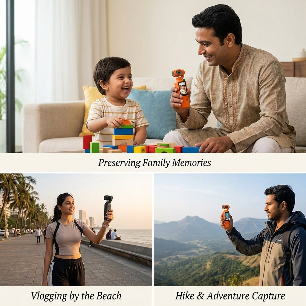IK-032 pocket gimbal camera with 1.3-inch touchscreen and 3-axis gimbal stabilization, shown in black and orange color variants