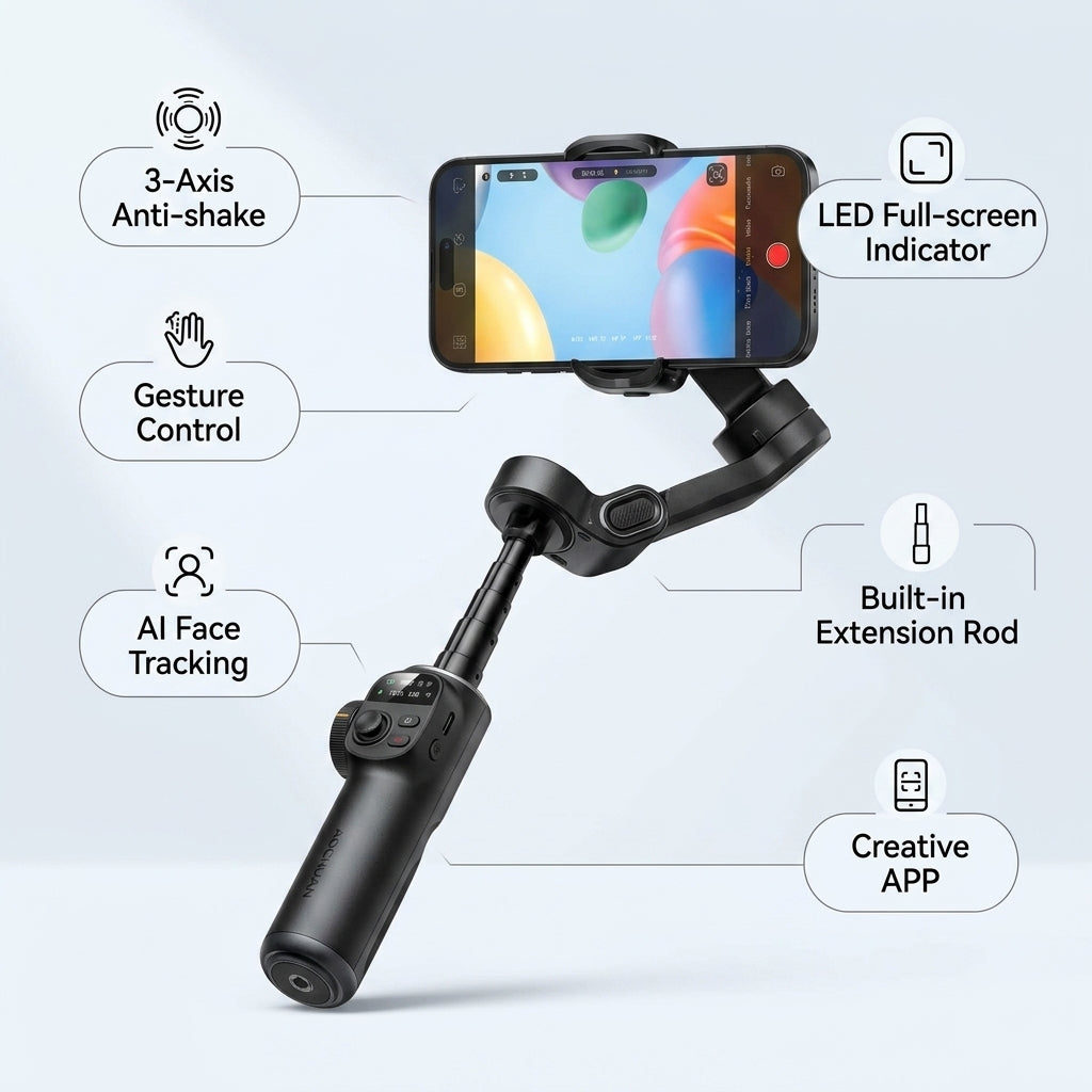 AOCHUAN Smart X2 3-axis smartphone stabilizer gimbal with built-in extension rod, AI face tracking, gesture control and LED full-screen indicator (retail box).