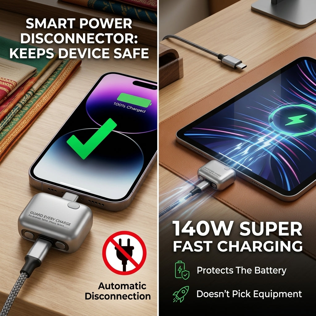 Smart Power Disconnector 140W Auto-Cut USB-C Fast Charging Adapter with indicator light, protecting a smartphone battery