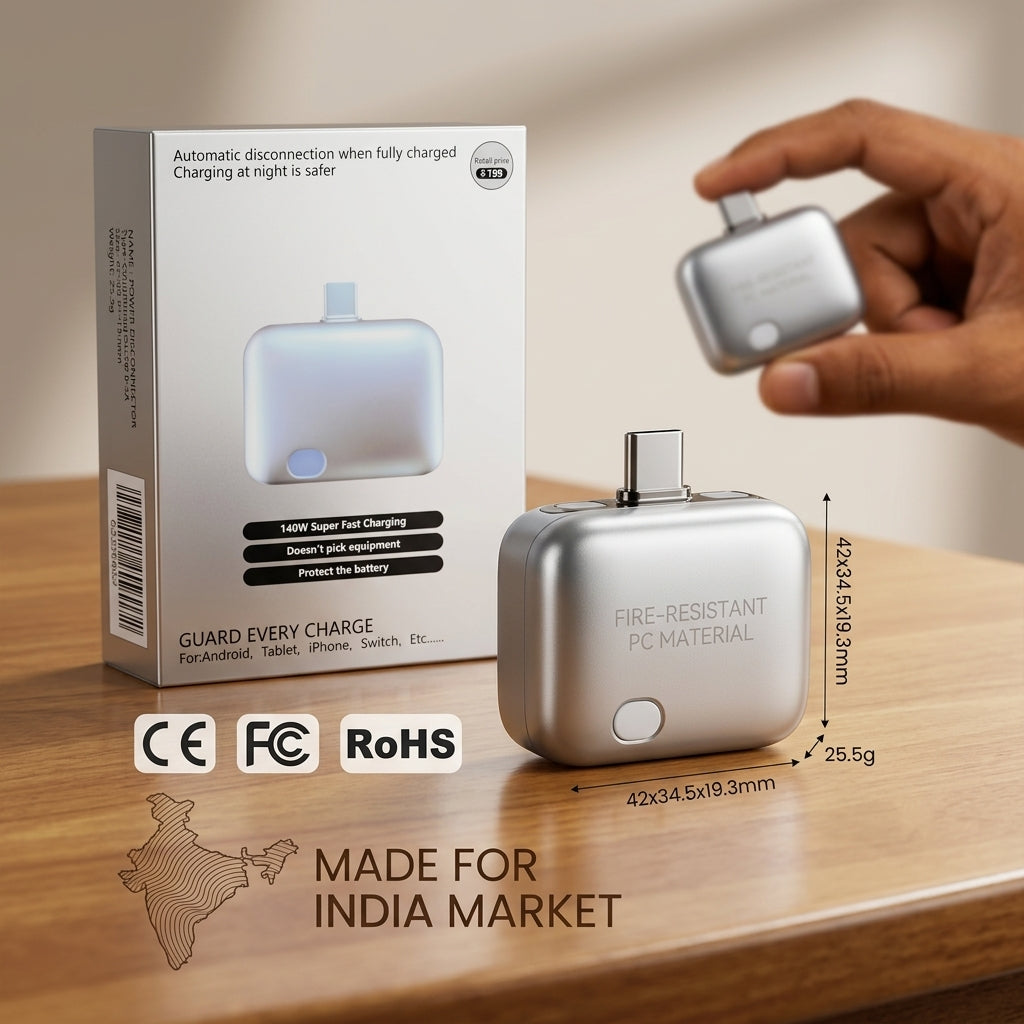 Smart Power Disconnector 140W Auto-Cut USB-C Fast Charging Adapter with indicator light, protecting a smartphone battery