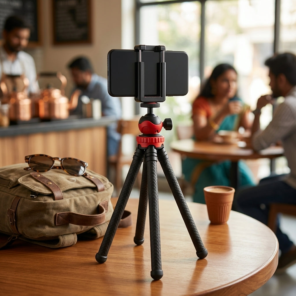 Black and red mini flexible tripod with bendable legs and ball head with side locking knob