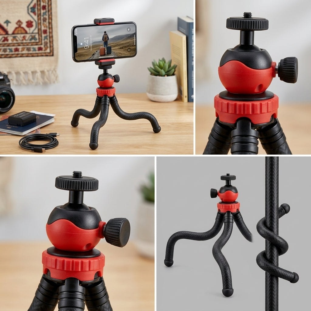 Black and red mini flexible tripod with bendable legs and ball head with side locking knob