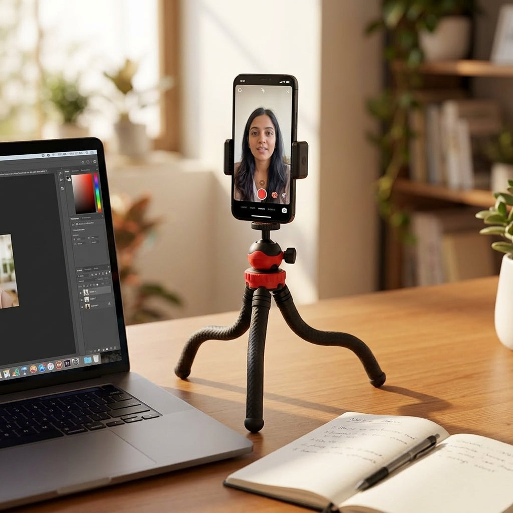 Black and red mini flexible tripod with bendable legs and ball head with side locking knob