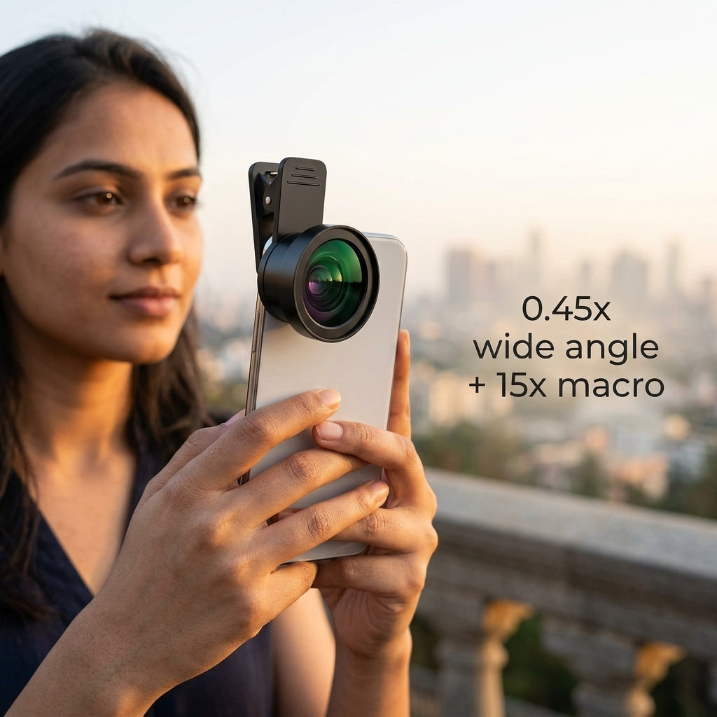 Black clip-on smartphone camera lens kit with 0.45x wide angle lens and 15x macro lens (wide attachment unscrews to access macro)