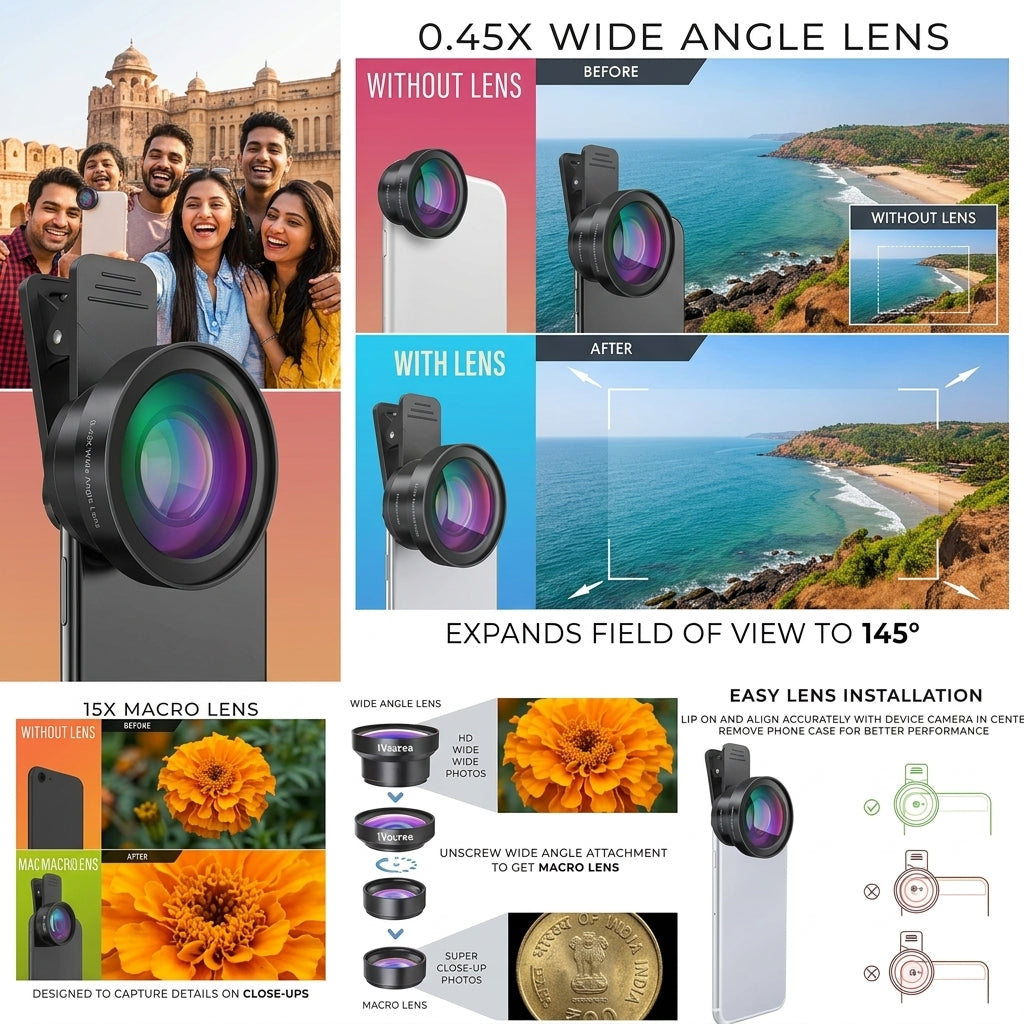 Black clip-on smartphone camera lens kit with 0.45x wide angle lens and 15x macro lens (wide attachment unscrews to access macro)