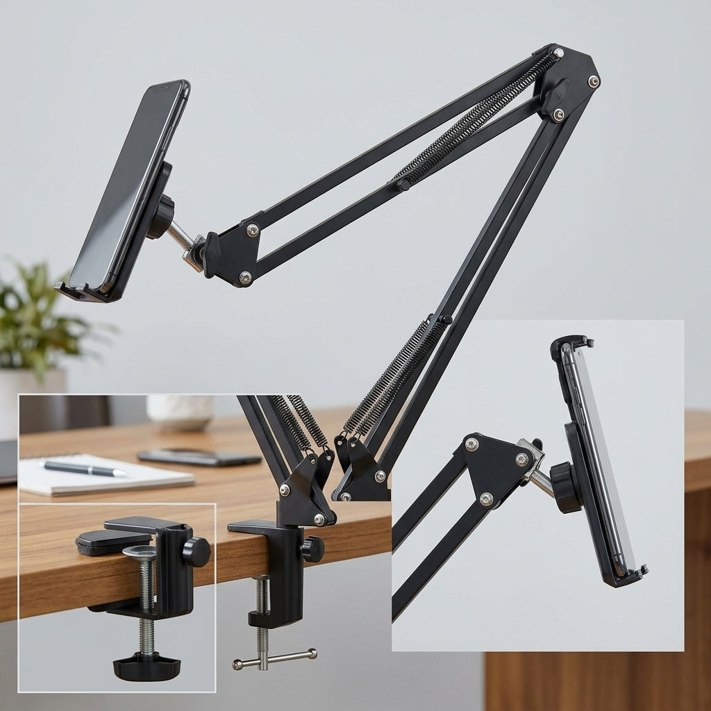 Black adjustable scissor-arm desk clamp phone and tablet holder stand with spring-assisted joints and device cradle