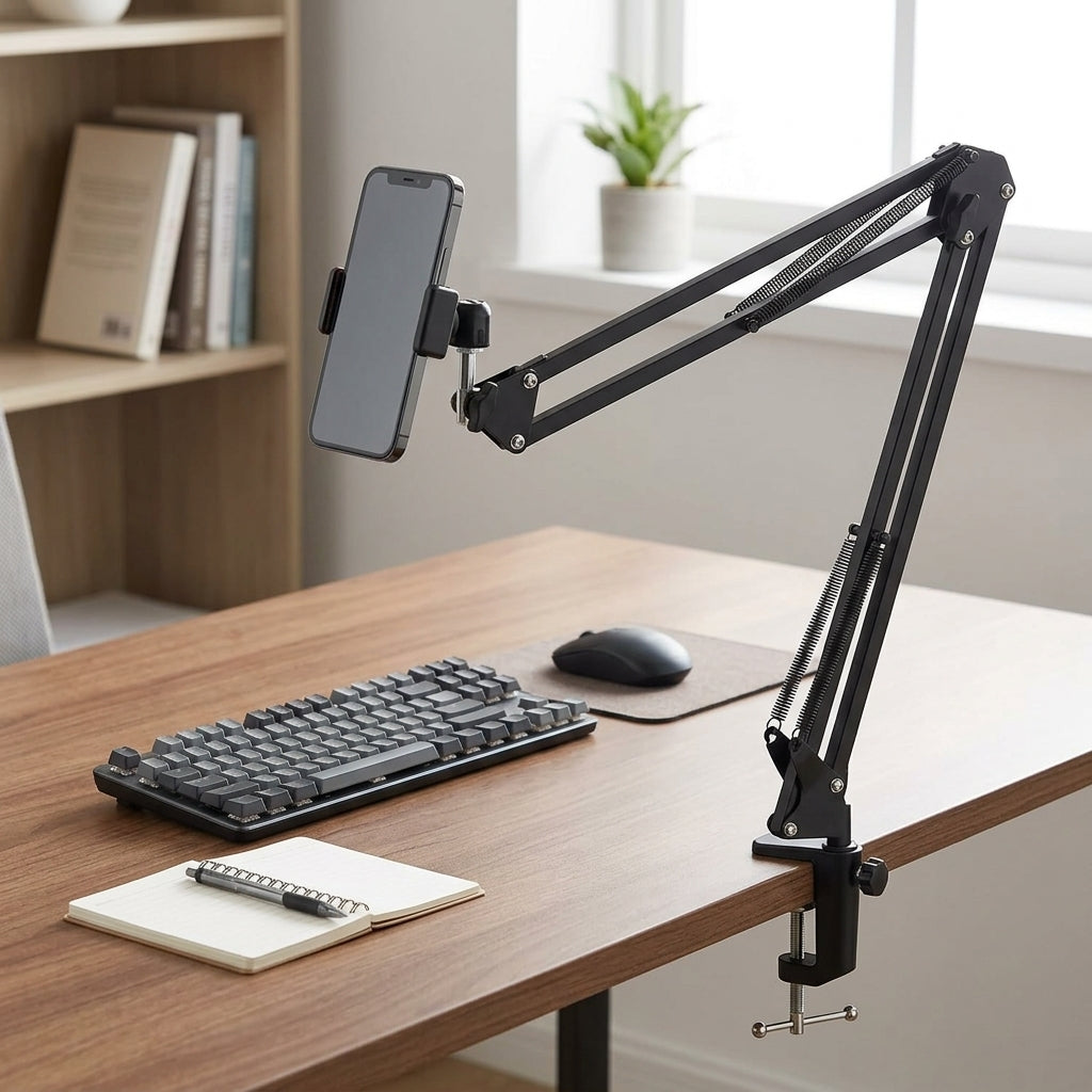 Black adjustable scissor-arm desk clamp phone and tablet holder stand with spring-assisted joints and device cradle