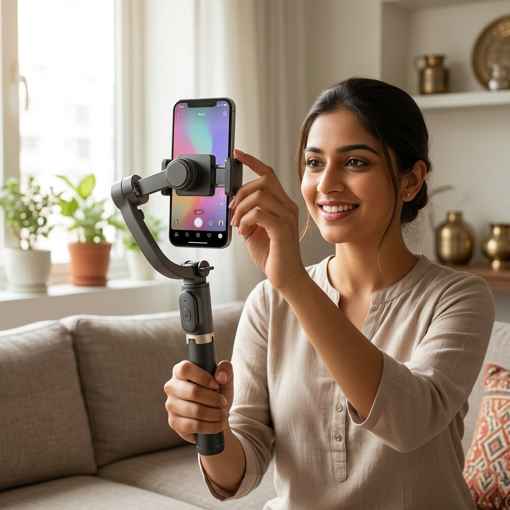 Q08 smartphone gimbal-style selfie stick with retractable aluminium alloy rod, tripod stand and detachable wireless remote in black/grey.
