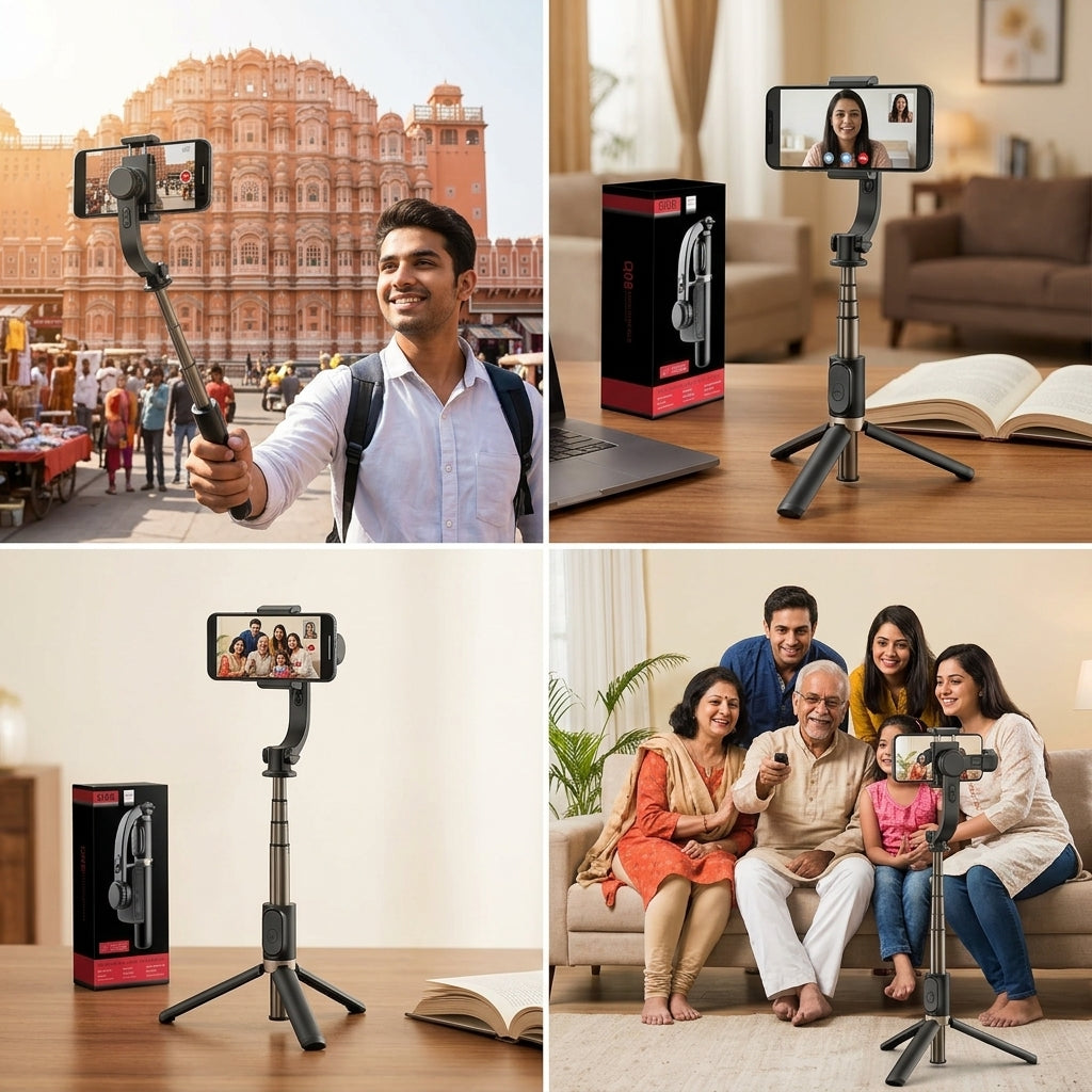 Q08 smartphone gimbal-style selfie stick with retractable aluminium alloy rod, tripod stand and detachable wireless remote in black/grey.