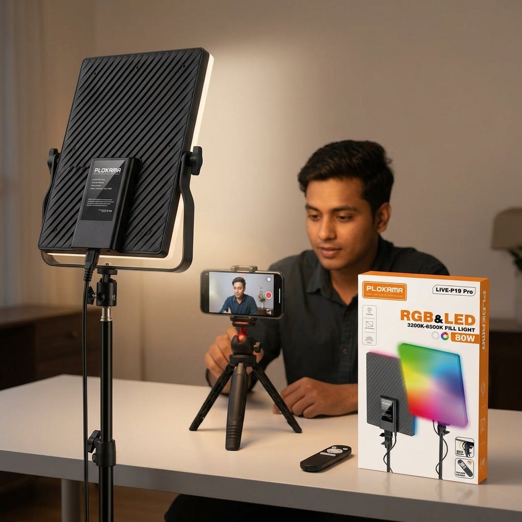 PLOKAMA LIVE-P19 Pro rectangular RGB & LED fill light panel (3200K-6500K) with mounting bracket and remote control feature shown on packaging